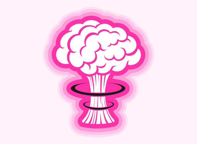 Vector Vintage Sticker With Atomic Bomb Explosion In Pink Color. Pacific Vintage Military Poster With Nuclear Bomb. B...