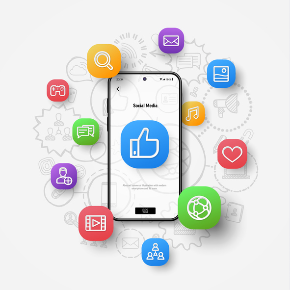 Social Media Network Concept. 3D Icons Flying Over Smartphone On Hand Drawn Sketch, Doodle Design Background. - Attri...