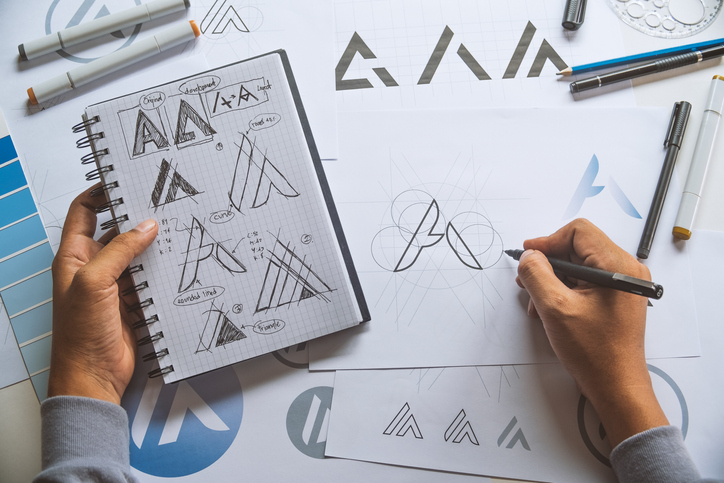 Graphic Designer Development Process Drawing Sketch Design Creative Ideas Draft Logo Product Trademark Label Brand Ar...