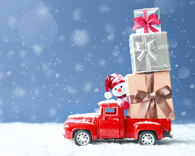 Christmas Background With Snow, Snowman And Retro Red Car With Gift Box. .Merry Christmas And Happy New Year Greeting...