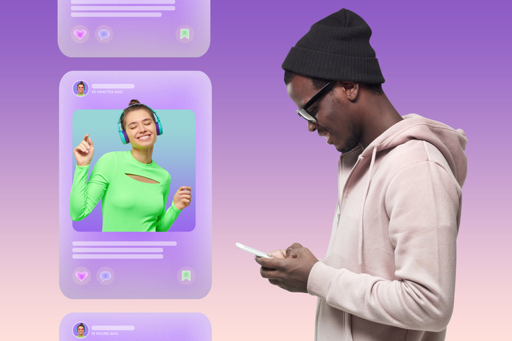 Side View Of African American Phone User Scrolling News Feed Of Social Media On Purple Background - Mute Rate On Nati...
