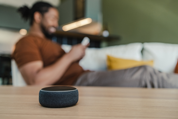 Smart Speaker On The Table In The Living Room. - New Technology, Not Only For The Youngsters