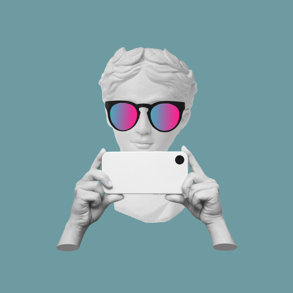 Antique Statue's Head In Sunglasses Holding Mobile Phone With Photo Camera In Hands Taking Picture - What Does It Mea...