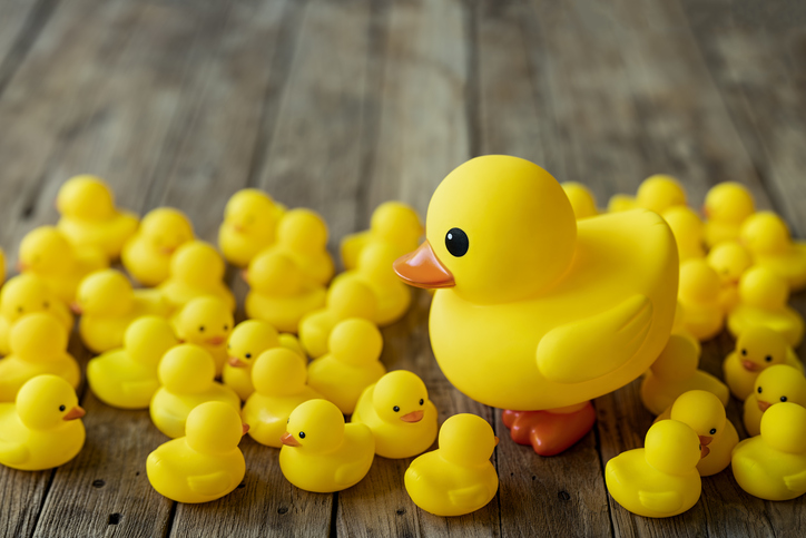 Large Yellow Duck Standing Higher Up On Two Feet On A Wooden Board Table Background With A Large Crowd Of Small Yello...